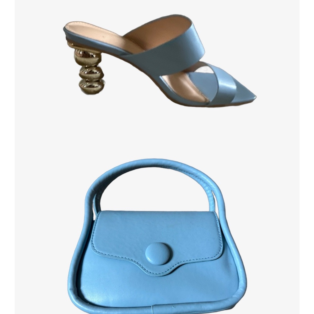 🔥🎉Muted blue sculpted heeled mules with matching bag. Size 7.5. Worn once. 👠
